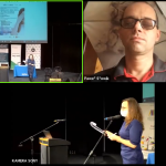 Zrzut ekranu podzielonego na trzy części. W pierwszej oraz trzeciej części jest widok na dużą scenę Kieleckiego Centrum Kultury, na której przemawia prowadząca konferencję- ogłaszając zwycięzcę Idola. Na drugiej części widać Pana Pawła Słowika.