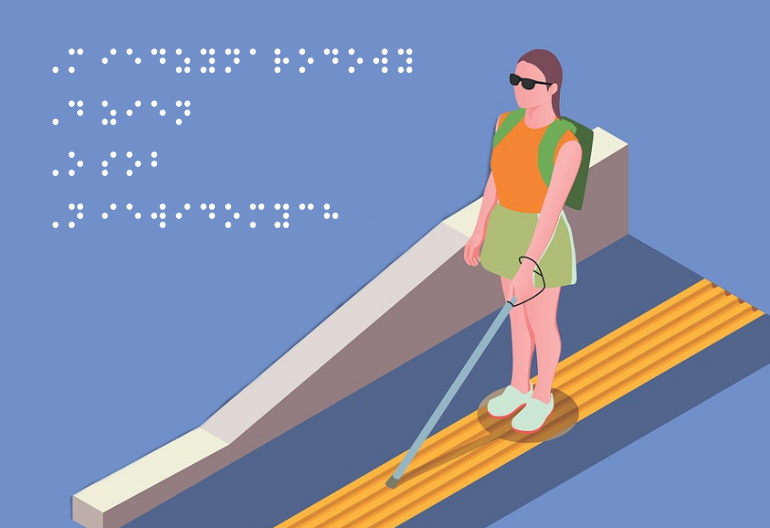 Rysunek kobiety, która ma na sobie ciemne okulary, a w lewej ręce trzyma laskę, którą wyczuwa płytkę brailowską. Obok jest napis w Brailu: Międzynarodowy Dzień Osób Niewidomych".