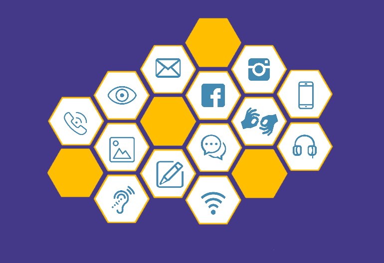W sześciokątach są grafiki oznaczające media społecznościowe, a także symbole niepełnosprawności oraz narzędzia telefonii komórkowej.