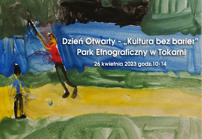 Fragment plakatu z danymi o terminie wydarzenia. W tle obraz malowany farbami z dwójką ludzi grających w piłkę na dworze.