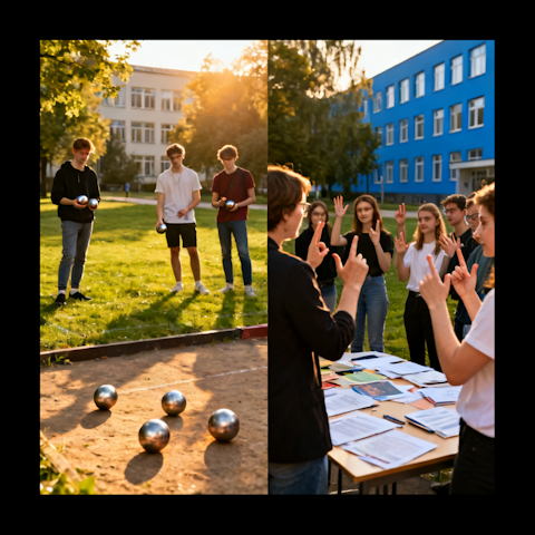 Zdjęcie podzielone na pół. Z lewej strony przedstawiono gre w Bule z prawej strony Warsztaty z języka migowego.